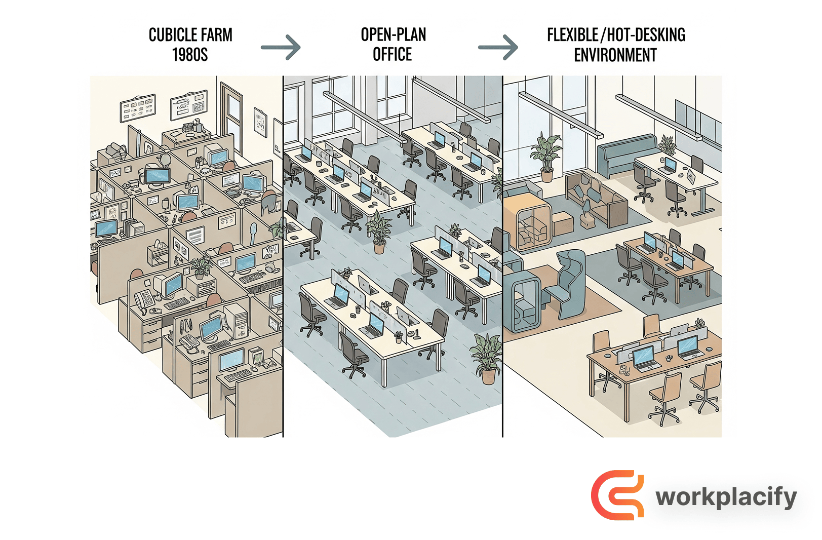 The evolution of office design, including hot desking.