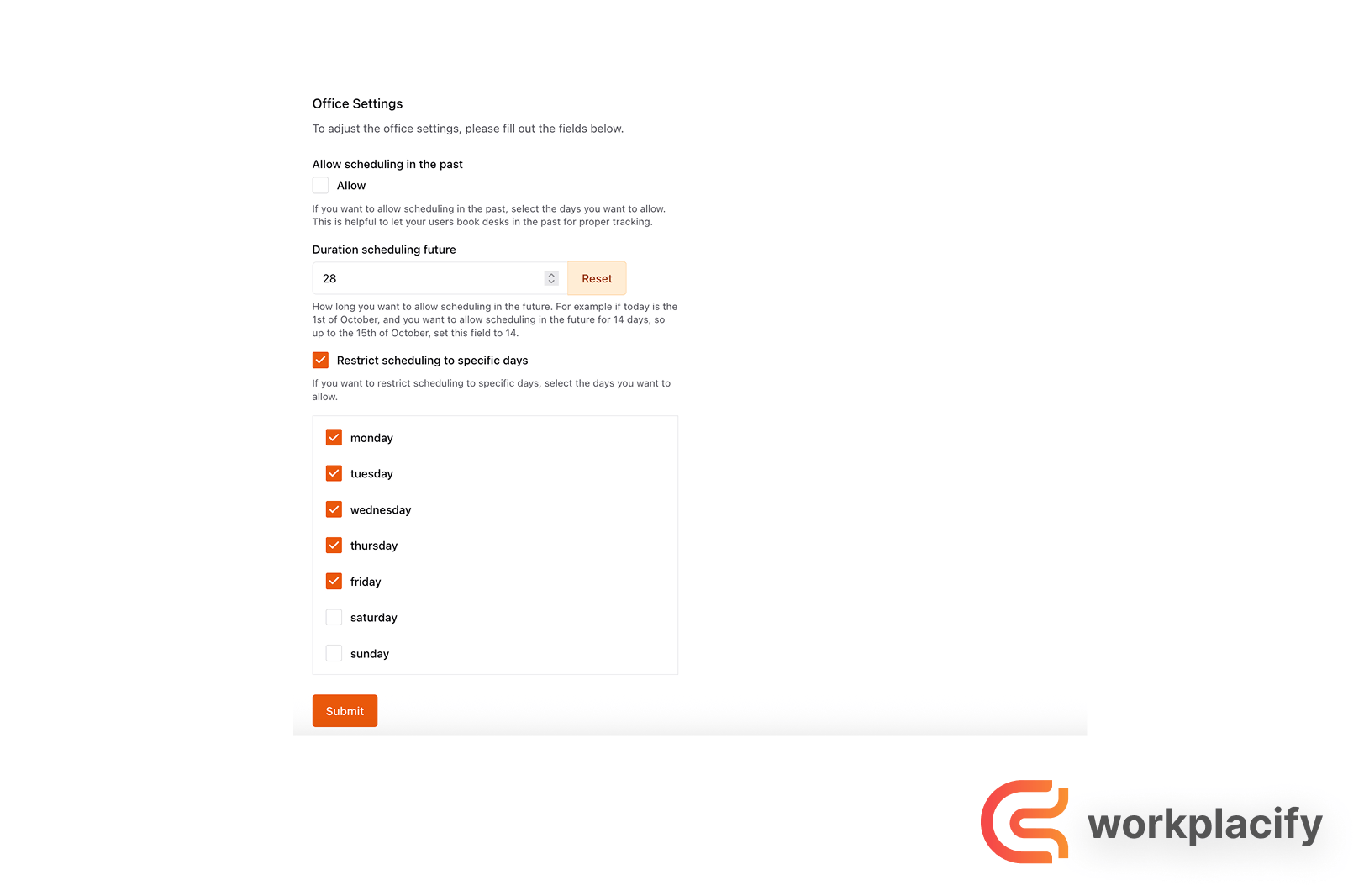 A screenshot of the Workplacify Office Settings page.