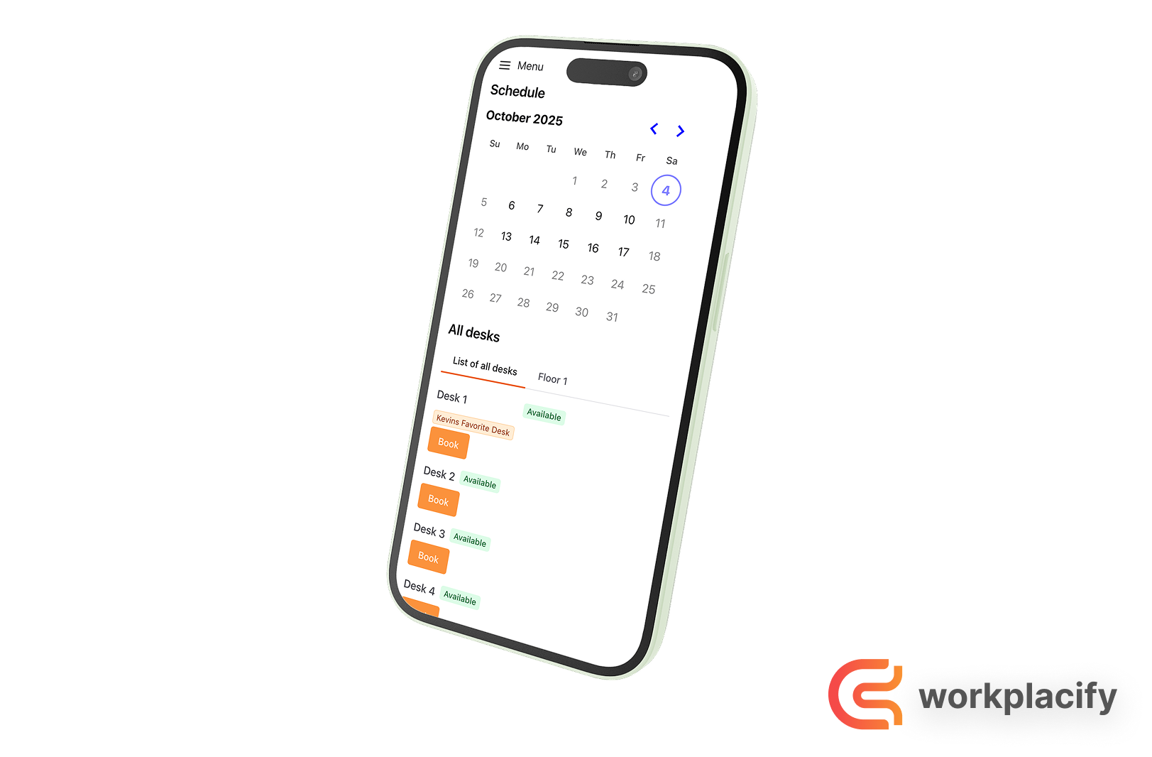 A clean, modern mock-up of the Workplacify desk booking software